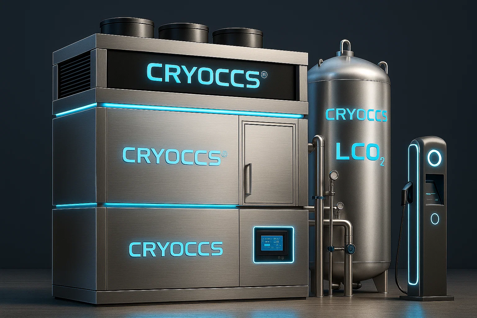 CRYOCCS natural gas generator with vertical turbine, LN₂ and CO₂ storage and EV charging