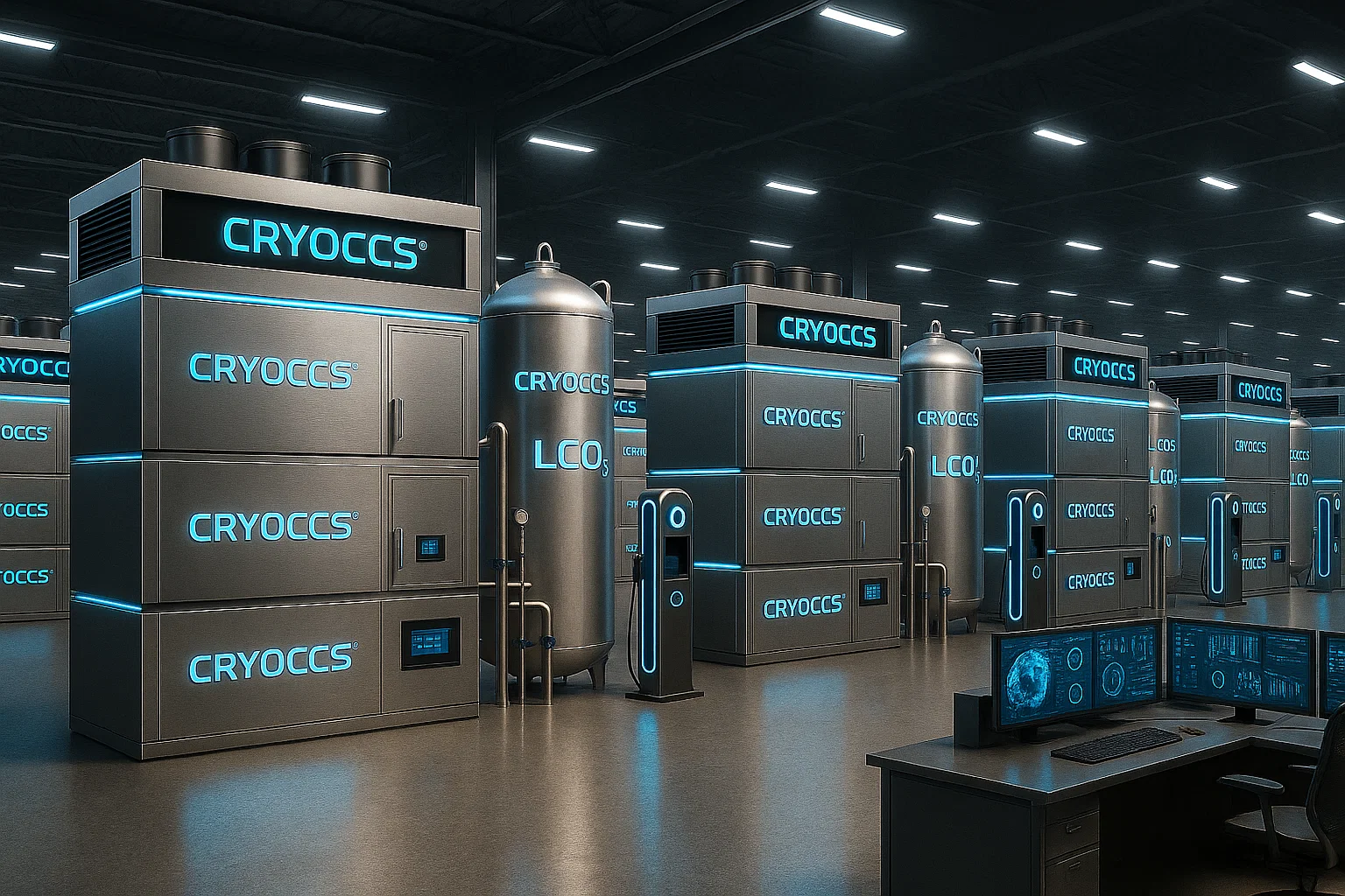 CRYOCCS natural gas generator with vertical turbine, LN₂ and CO₂ storage and EV charging
